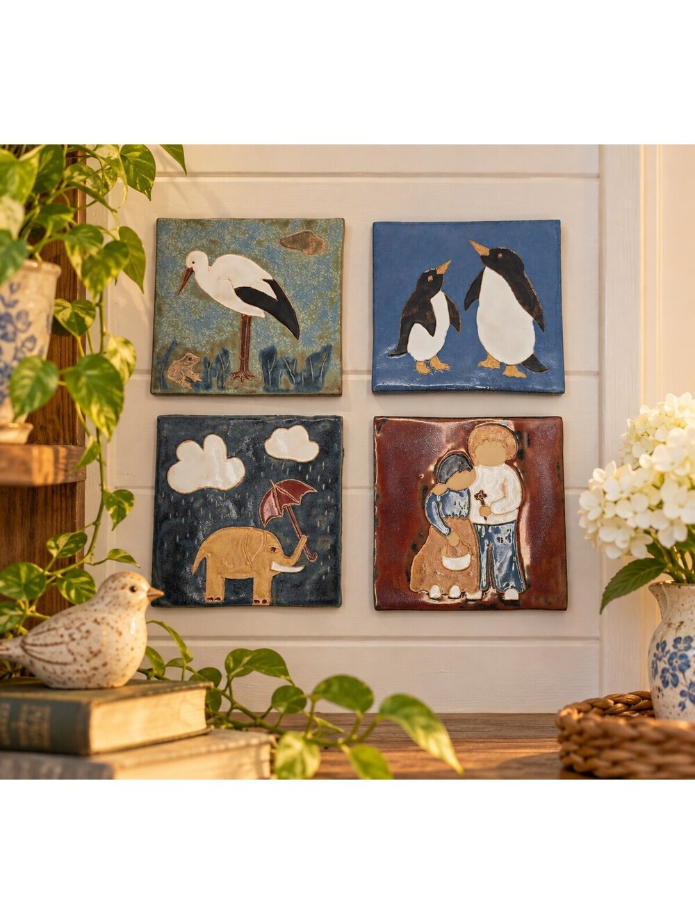 Handmade Studio Pottery Ceramic Wall Art Tiles Plaques Folk Art Set of 4